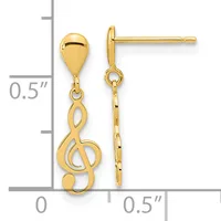 Pair of gold-colored treble clef dangle earrings with teardrop studs, shown next to a measurement scale indicating approximately 0.5 inches in length.