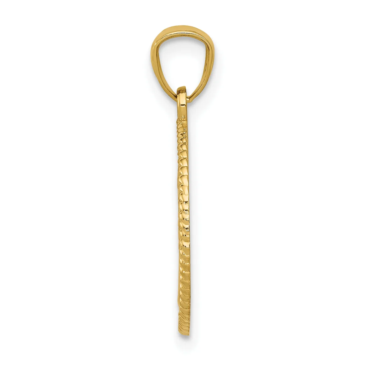 A gold-toned metal keychain with a textured handle and a looped top, displayed against a white background.