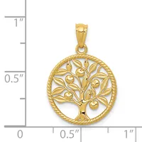 Gold tree of life pendant with circular openwork design and twisted rope border, shown next to a measurement scale.