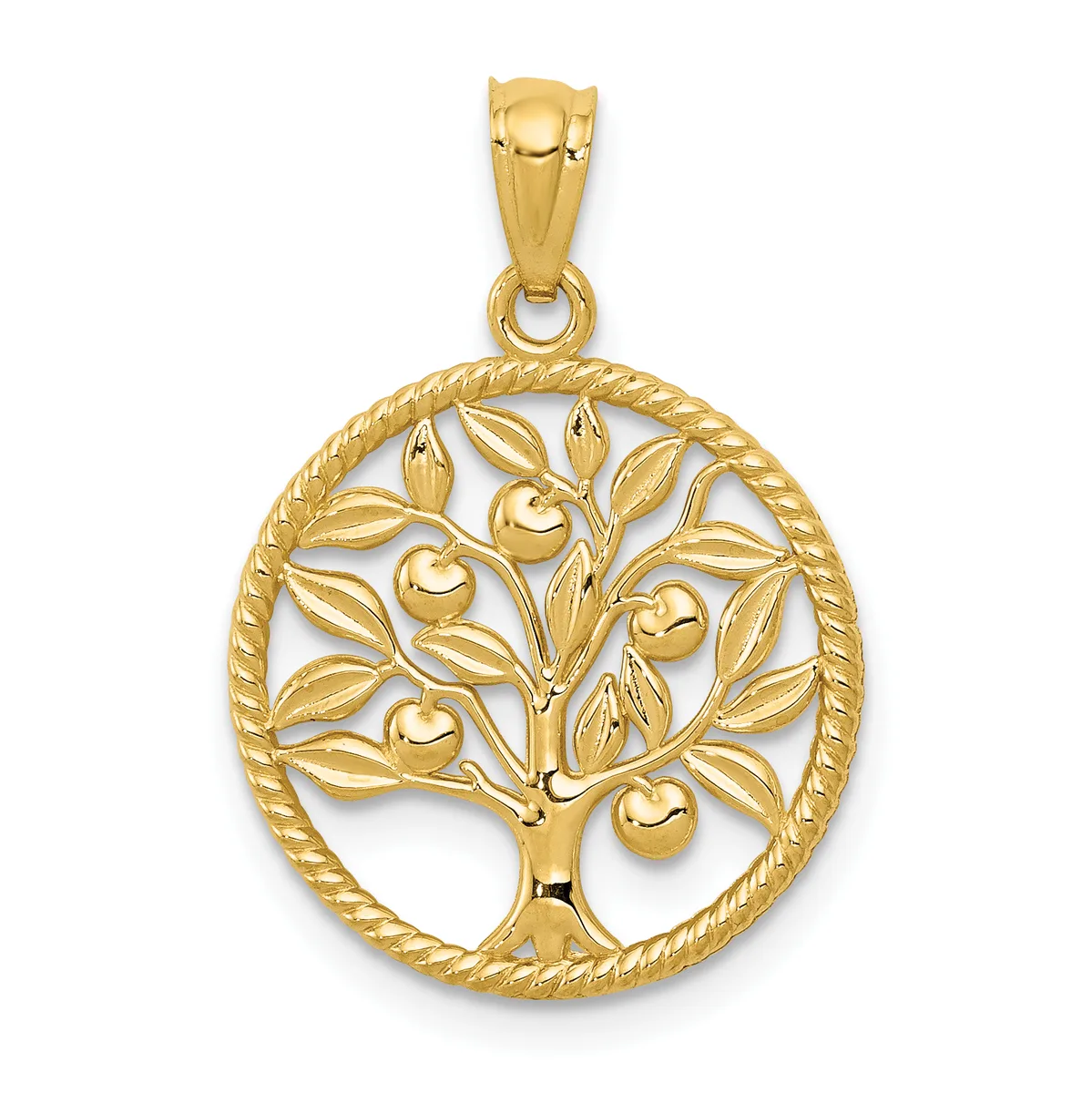 Gold pendant featuring a tree with heart-shaped fruits and leaves within a circular twisted border, suspended from a gold bail.