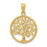 Gold pendant featuring a tree with heart-shaped fruits and leaves within a circular twisted border, suspended from a gold bail.