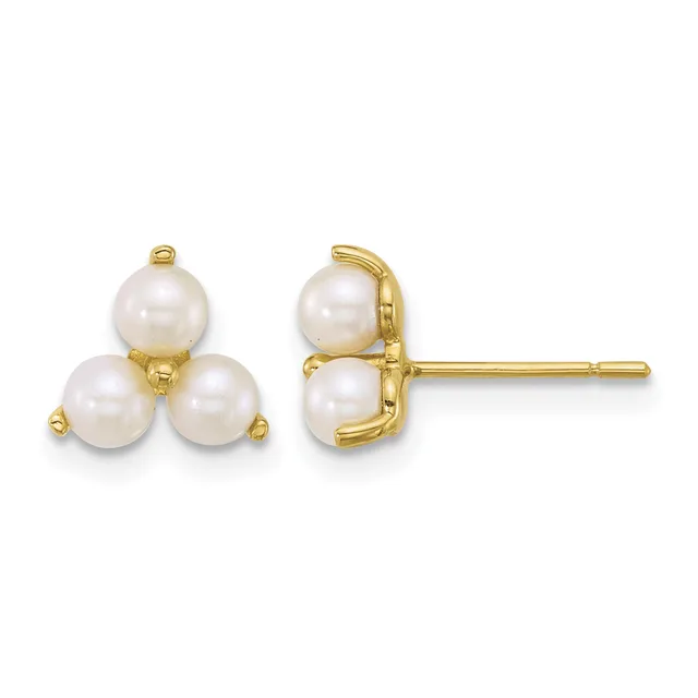 Pair of gold stud earrings featuring three white pearls arranged in a triangular cluster on each earring, shown from front and side views.