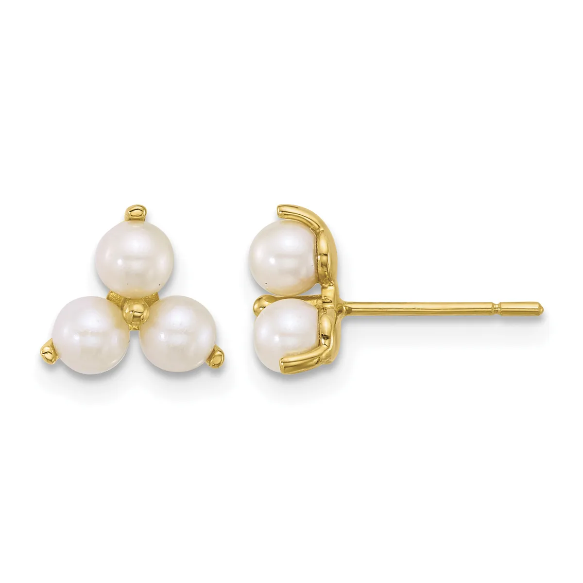 Pair of gold stud earrings featuring three white pearls arranged in a triangular cluster on each earring, shown from front and side views.
