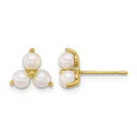 Pair of gold stud earrings featuring three white pearls arranged in a triangular cluster on each earring, shown from front and side views.