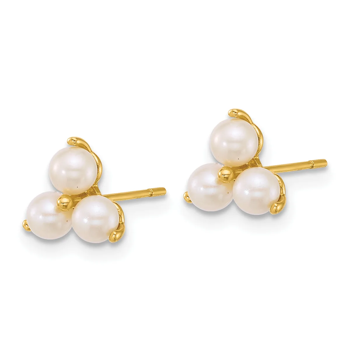A pair of gold stud earrings, each featuring three white pearls arranged in a clustered design on a gold post.