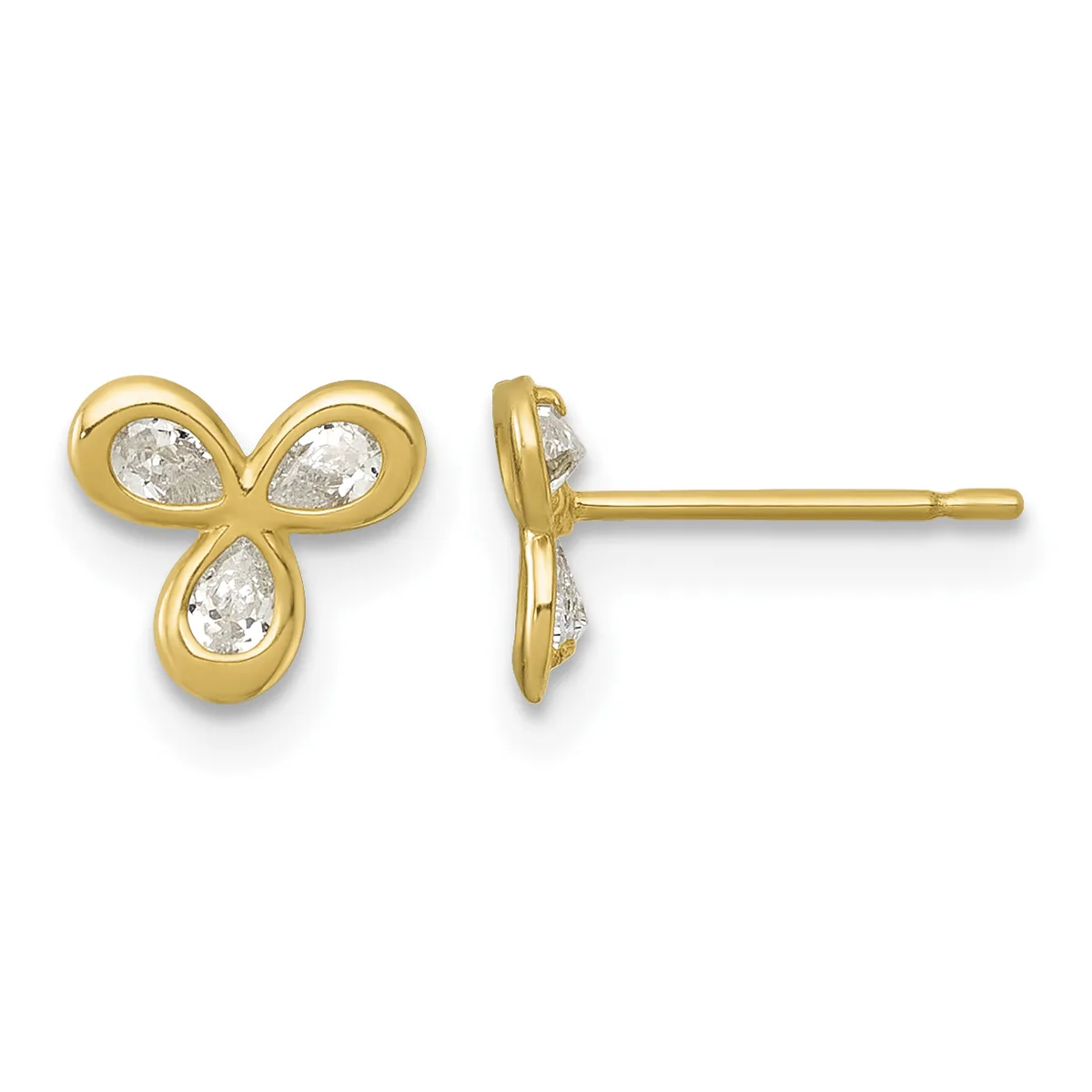 A pair of gold stud earrings with three pear-shaped cubic zirconia stones arranged in a trefoil pattern, shown from front and side views.