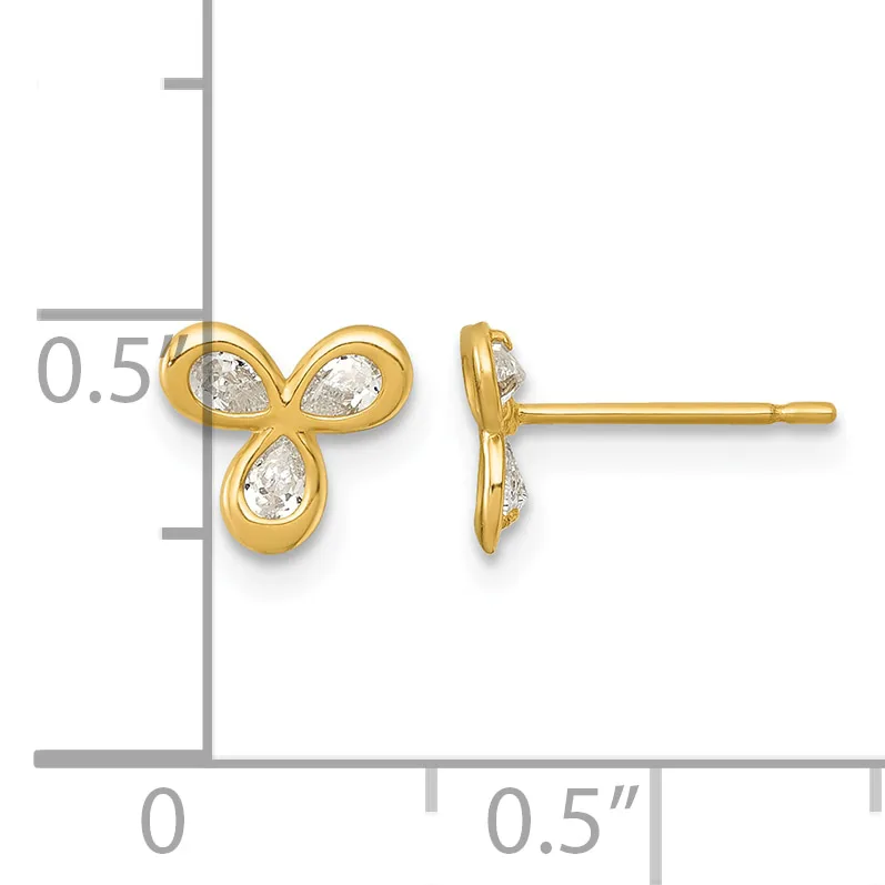Gold stud earrings with three teardrop-shaped cubic zirconia stones arranged in a clover pattern, shown front and side view with measurement scale.