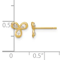 Gold stud earrings with three teardrop-shaped cubic zirconia stones arranged in a clover pattern, shown front and side view with measurement scale.