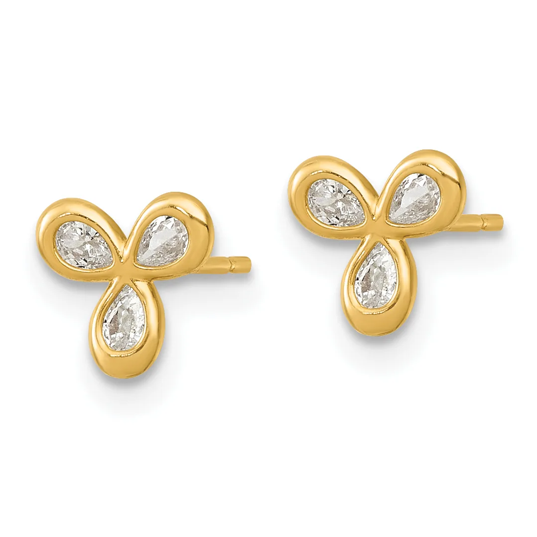 A pair of gold stud earrings with three pear-shaped cubic zirconia stones arranged in a trefoil pattern, shown from the front.