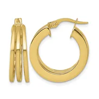 Pair of gold hoop earrings with triple-strand ridged design and post backs, shown from front and side views.