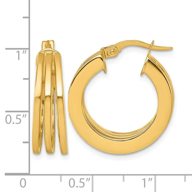 Pair of polished gold hoop earrings with textured grooved sides, displayed next to a ruler showing approximately one inch in length.