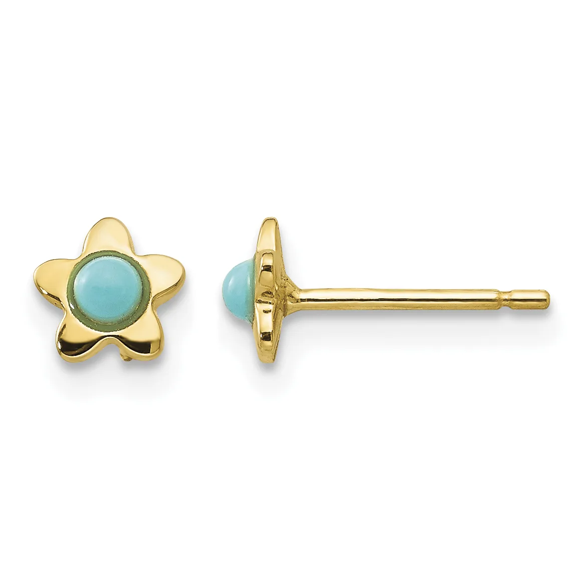 Gold star-shaped stud earrings with turquoise cabochon centers, shown from front and side views.
