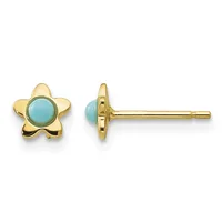 Gold star-shaped stud earrings with turquoise cabochon centers, shown from front and side views.