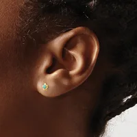 A small stud earring with a turquoise stone surrounded by decorative gold-colored metalwork worn on the earlobe of a person with dark skin.