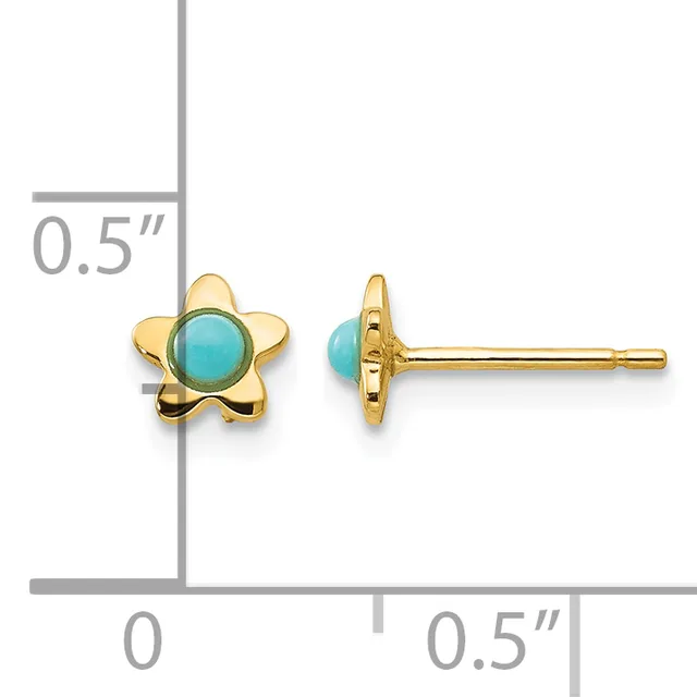 Pair of gold star-shaped stud earrings with round turquoise cabochon centers, shown front and side view against a measurement scale indicating approximately 0.5 inches in size.