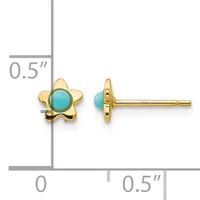 Pair of gold star-shaped stud earrings with round turquoise cabochon centers, shown front and side view against a measurement scale indicating approximately 0.5 inches in size.