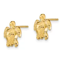 A pair of gold turtle stud earrings with textured shells and post backs, shown from the front.