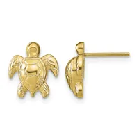 A pair of gold sea turtle stud earrings shown from front and side views, featuring detailed shell and flipper textures.