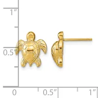 Gold turtle stud earrings shown from front and side views next to a measurement ruler indicating approximately half inch width and three-quarter inch height.