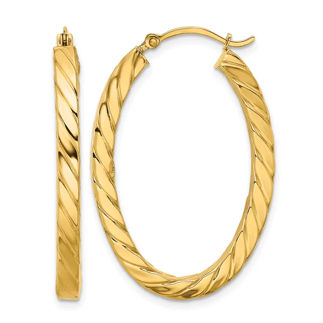 A pair of gold twisted hoop earrings shown from front and side views, featuring a diagonal spiral texture pattern throughout, with hinged closures at the top.