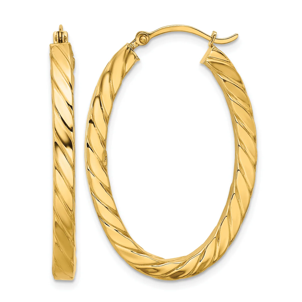 A pair of gold twisted hoop earrings shown from front and side views, featuring a diagonal spiral texture pattern throughout, with hinged closures at the top.