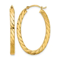 A pair of gold twisted hoop earrings shown from front and side views, featuring a diagonal spiral texture pattern throughout, with hinged closures at the top.