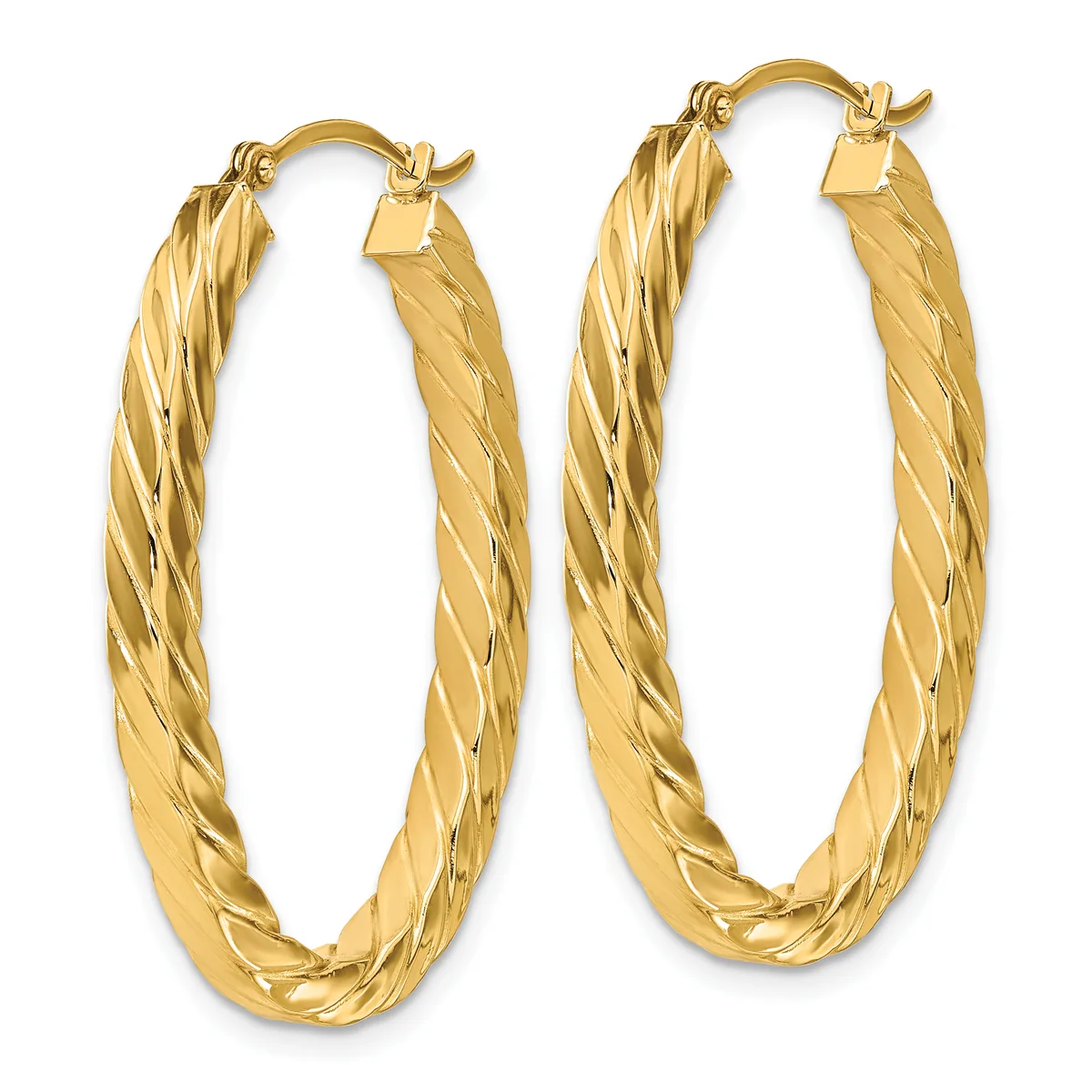 A pair of gold twisted hoop earrings with hinged closures, displayed side by side against a white background.
