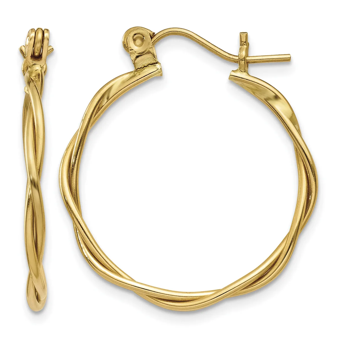 A pair of twisted gold hoop earrings with post and clutch closures, shown from front and side views.
