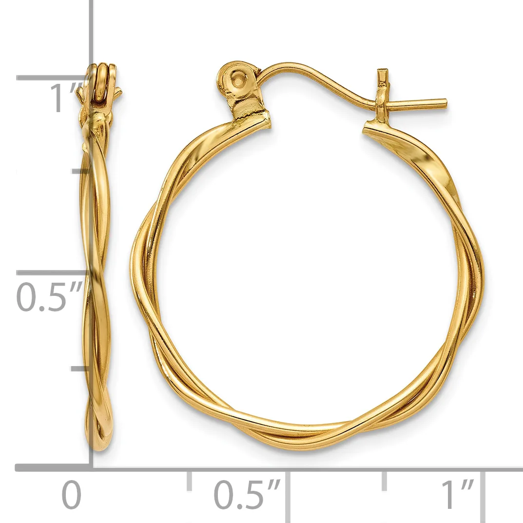 A pair of twisted gold hoop earrings with post and clutch closures, shown from front and side views next to a ruler indicating approximately one inch in diameter.