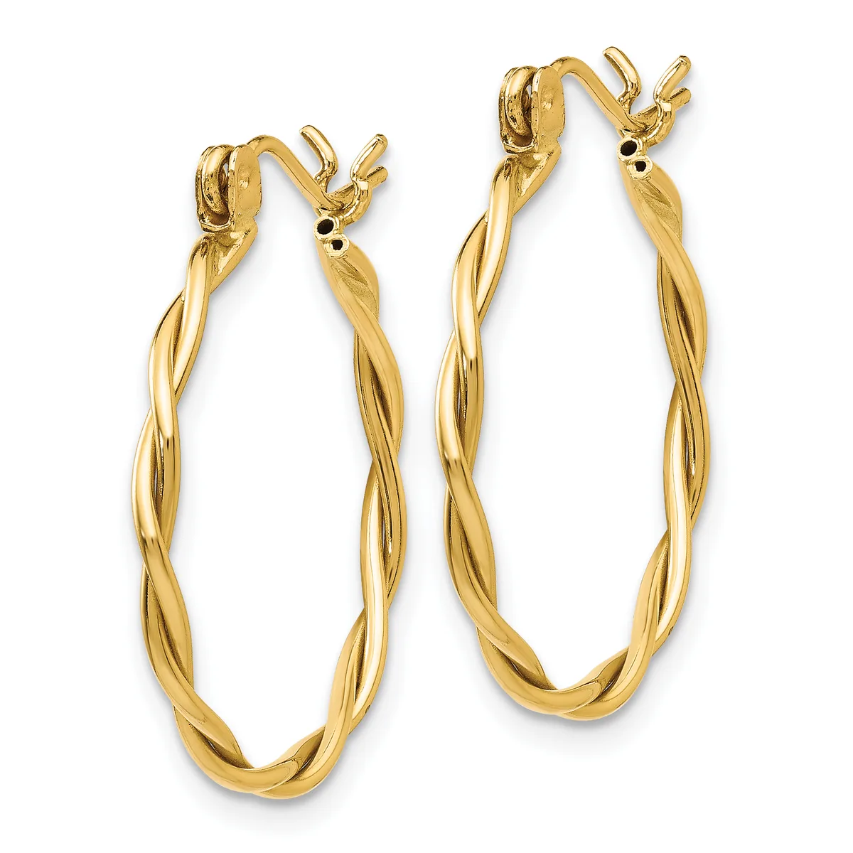 A pair of twisted gold hoop earrings with hinged closures, shown from the front against a white background.