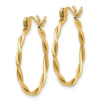 A pair of twisted gold hoop earrings with hinged closures, shown from the front against a white background.