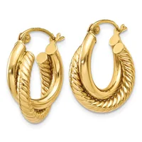 A pair of gold hoop earrings with twisted rope texture detailing on the outer surfaces, shown against a white background.