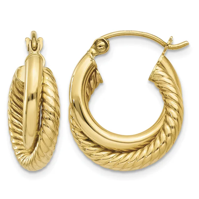 A pair of gold hoop earrings with twisted ribbed texture on the outer edges and polished smooth surfaces on the inner curves, shown from front and side angles.