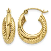 A pair of gold hoop earrings with twisted ribbed texture on the outer edges and polished smooth surfaces on the inner curves, shown from front and side angles.