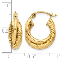 A pair of gold hoop earrings with twisted textured sides and polished centers, shown next to a ruler indicating approximately one inch in length.