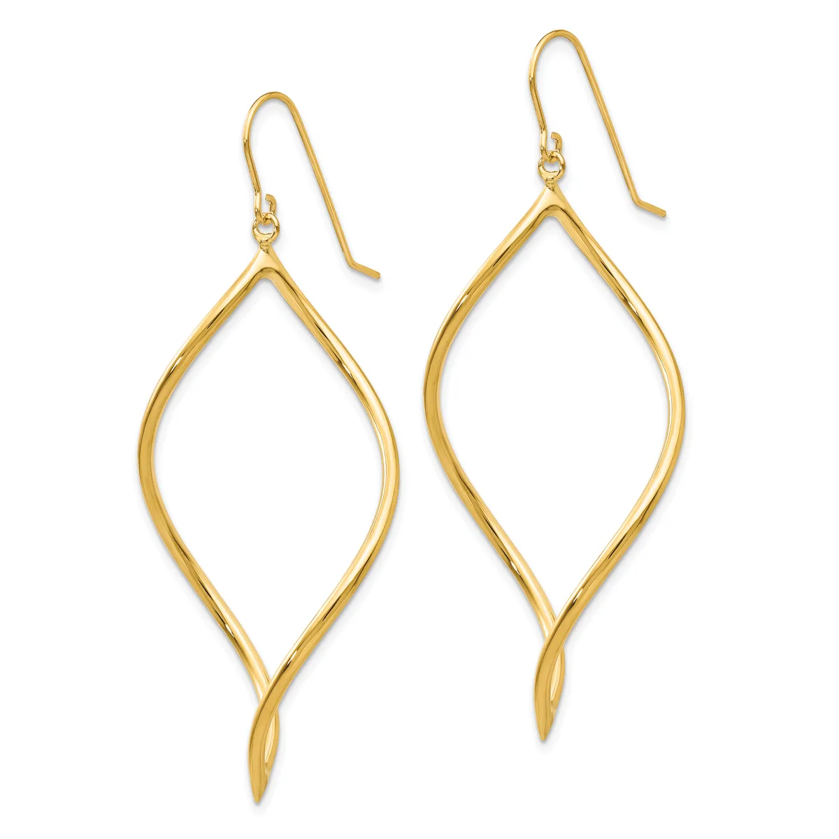 A pair of gold-colored drop earrings with elongated leaf-shaped outlines and matching ear wires, displayed against a white background.