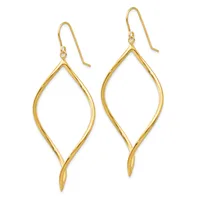 A pair of gold-colored drop earrings with elongated leaf-shaped outlines and matching ear wires, displayed against a white background.