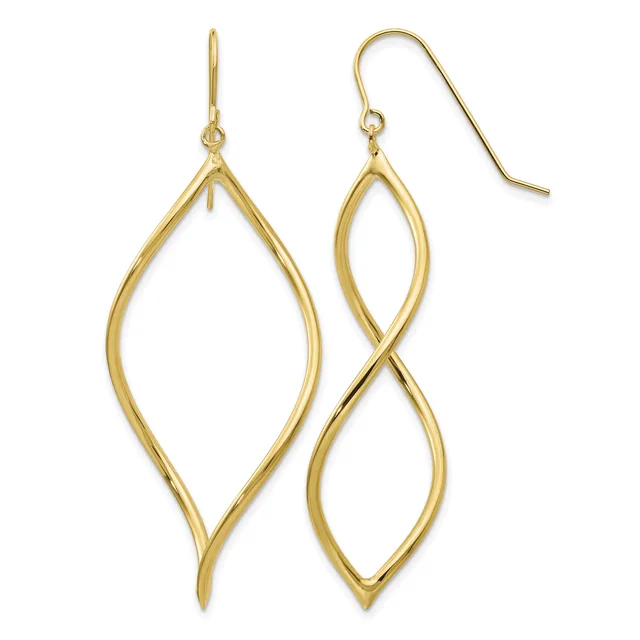 A pair of gold drop earrings with elongated almond-shaped outlines hanging from fish hook wires.