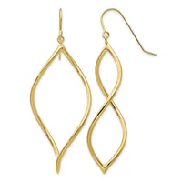 A pair of gold drop earrings with elongated almond-shaped outlines hanging from fish hook wires.