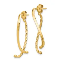 Pair of gold drop earrings with twisted rope-textured chains suspended from polished curved bars, shown from the front.