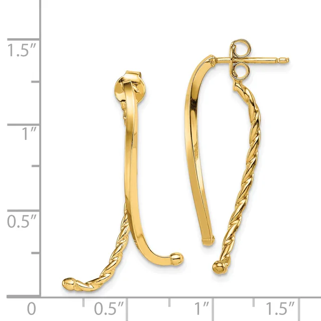 Pair of gold-toned drop earrings with twisted rope-textured chains hanging from curved bar posts, displayed against a measurement ruler.