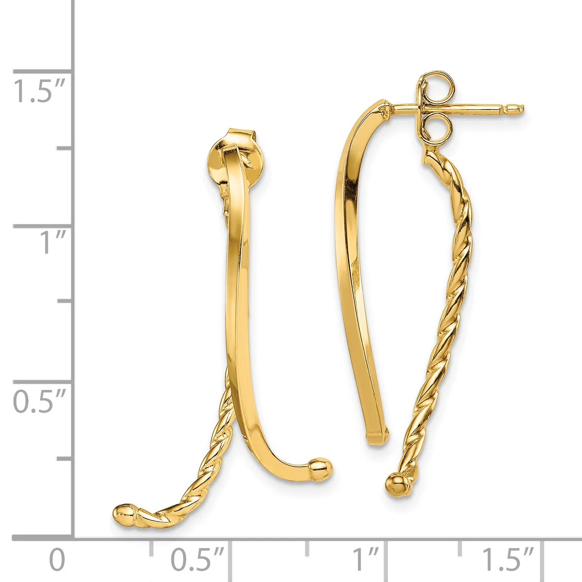 Pair of gold-toned drop earrings with twisted rope-textured chains hanging from curved bar posts, displayed against a measurement ruler.