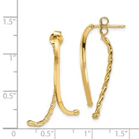 Pair of gold-toned drop earrings with twisted rope-textured chains hanging from curved bar posts, displayed against a measurement ruler.
