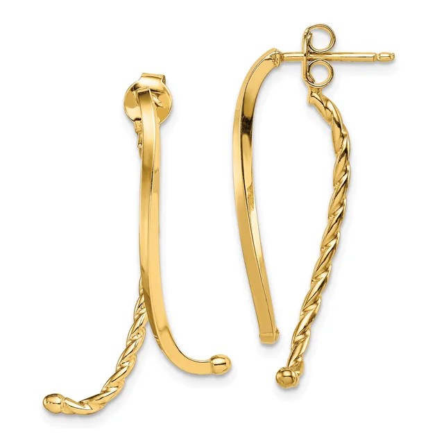 Pair of gold curved hoop earrings with twisted rope detailing on one side, shown from the front with stud backs visible.