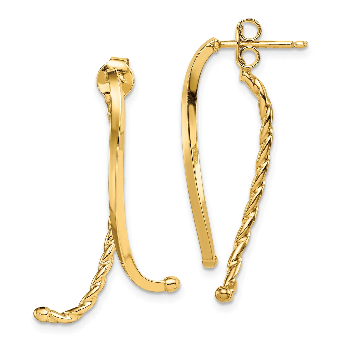 Pair of gold curved hoop earrings with twisted rope detailing on one side, shown from the front with stud backs visible.