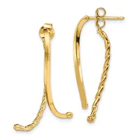Pair of gold curved hoop earrings with twisted rope detailing on one side, shown from the front with stud backs visible.
