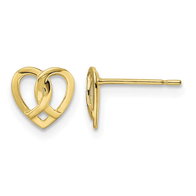 Pair of gold heart-shaped stud earrings with hollow centers and thin posts, shown from front and side views.