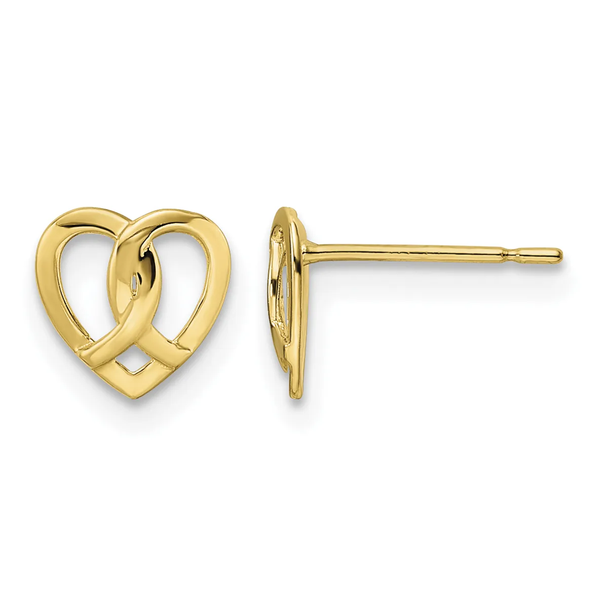 Pair of gold heart-shaped stud earrings with hollow centers and thin posts, shown from front and side views.