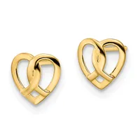 Two gold heart-shaped earrings with twisted ribbon design and hinged backs, shown against a white background.