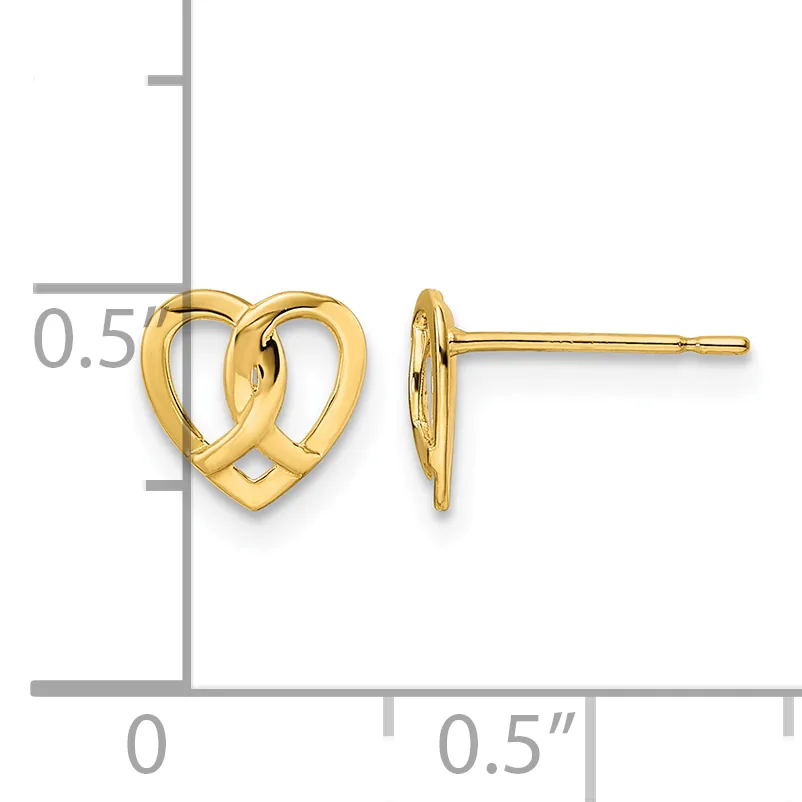 Gold-colored heart stud earrings with an open twisted design, shown front and side view with a measurement scale indicating approximately 0.5 inches in height.